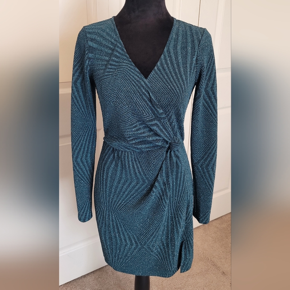 Trixxi Elegant Teal GREEN LONG Sleeve STRETCH Dress Size SMALL